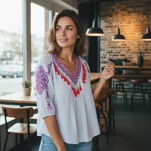Chico's Womens‎ M V-Neck Embroidered Stripes Floral Boho Tassel Blouse Southwest